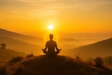 Person, die bei Sonnenaufgang meditiert, Symbol für inneren Frieden und persönliches Wachstum.