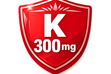 Red glossy shield icon representing a 300mg Vitamin K health supplement dosage.