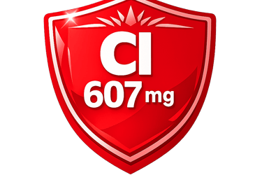 Red shield icon displaying Cl 607mg indicating chlorine supplement dosage for health protection.