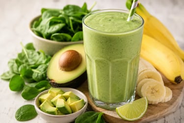 A healthy green smoothie in a tall glass with fresh avocado, spinach, bananas, and lime ingredients.