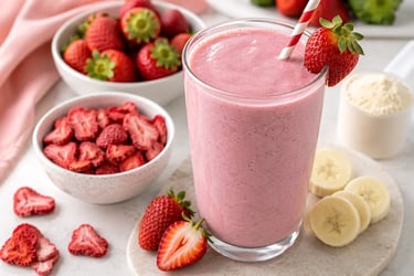Fresh pink strawberry banana protein smoothie in a glass with sliced fruit and protein powder.