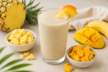 Creamy tropical sunrise smoothie in a glass with pineapple, banana, mango chunks, and freeze-dried pineapple pieces