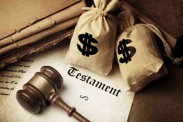 vrećice s novcima i čekić , nasljedno pravo i raspodjela imovine