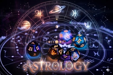 Astrology chart with zodiac dice, planets, and constellations in a cosmic space background.