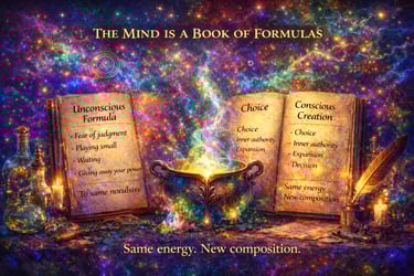 Magical open book and glowing cauldron illustrating conscious creation and unconscious formula concepts.