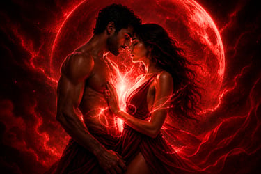 Fantasy art of a romantic couple embracing against a glowing red moon with electrical energy.