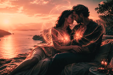 Romantic couple embracing at sunset with glowing energy light trails connecting their hearts.