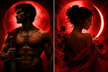 Muscular warrior with a sword and a beautiful woman with roses, both under a crimson moon, evoking dark fantasy