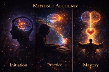 Mindset Alchemy stages of initiation, practice, and mastery with glowing brain and heart cosmic visuals.