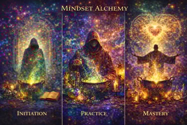 Digital art showing a hooded alchemist's journey through Initiation, Practice, and Mastery phases with magic cauldrons.