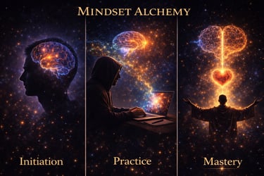 Mindset Alchemy illustration showing stages of Initiation, Practice, and Mastery with cosmic brain energy.