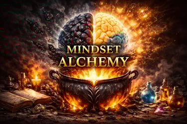 Mindset Alchemy a pot with brain that represents mind and alchemical symbols