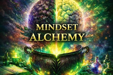 Conceptual art of a human brain glowing over an alchemist cauldron with the text Mindset Alchemy.