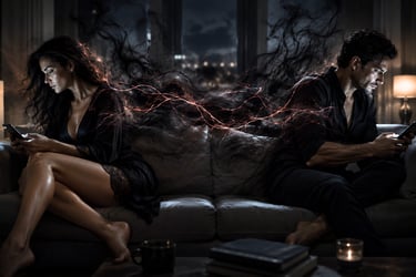 A man and woman sitting on a couch using smartphones while dark smoke and energy connect them in a moody room.