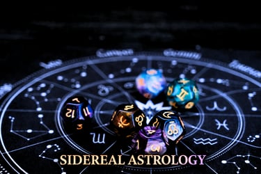 Sidereal astrology zodiac chart with colorful polyhedral dice and celestial star symbols.