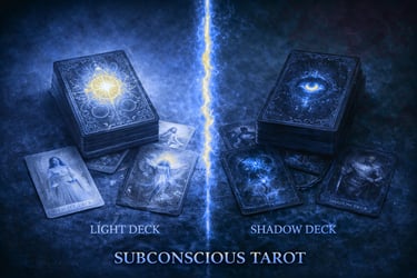 Subconscious Tarot light and shadow card decks divided by a bolt of glowing blue and yellow energy.