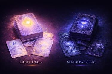Glowing Light and Shadow oracle tarot deck cards in a mystical cosmic setting.