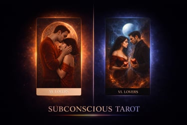 Two artistic Lovers tarot cards from the Subconscious Tarot deck featuring romantic couples.
