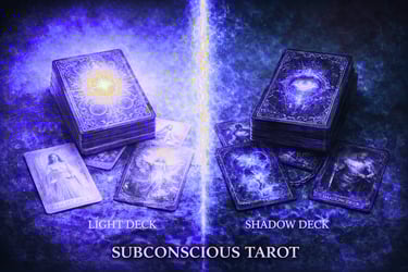 Subconscious Tarot light and shadow card decks divided by a mystical lightning bolt.