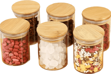 Kit 6 Potes de Vidro 200ml com Tampa Bambu Hermética Porta Mantimentos