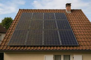 Toiture équipée de panneaux photovoltaïques encrassés par la poussière et les dépôts