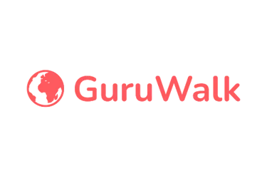 GuruWalk logo featuring a red globe icon and text for free walking tours on a black background.