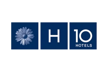 Official H10 Hotels logo featuring a white daisy and H10 text in blue squares on a black background.