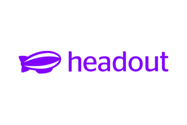 Purple Headout logo featuring a blimp icon and lowercase typography on a black background.