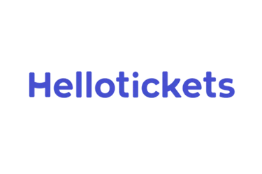 Hellotickets brand logo in blue typography centered on a plain black background.