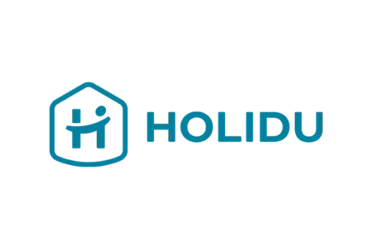 Blue Holidu logo and wordmark for vacation rental search engine on a black background.