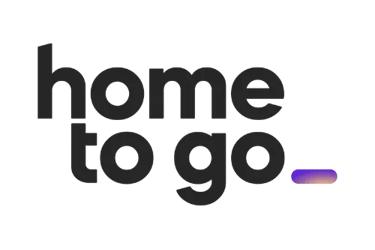 HomeToGo logo in dark grey text with a purple gradient underscore on a black background.