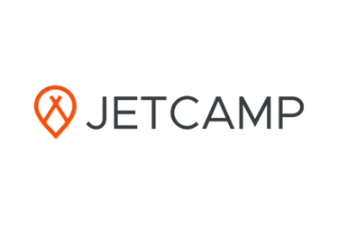JetCamp logo featuring an orange camping tent icon inside a map pin on a black background.