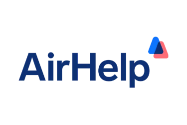 AirHelp logo for flight compensation services with blue and red abstract icon on black background.