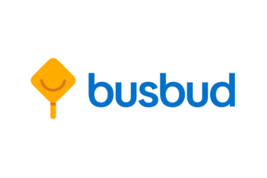 Busbud logo featuring a blue wordmark and a yellow bus stop sign icon on a black background.