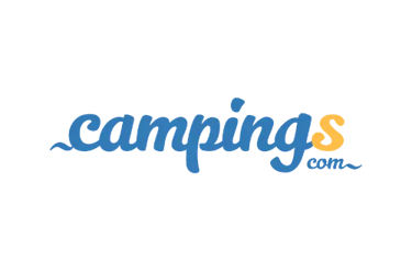 Campings.com logo featuring blue script text and a yellow 's' on a black background.