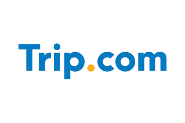 Official blue and orange Trip.com logo isolated on a solid black background.