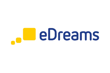 Official eDreams logo featuring blue text and three yellow square icons on a black background.