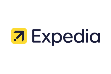 Expedia travel logo featuring a yellow airplane icon next to dark blue text on a black background.