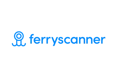 Ferryscanner logo featuring blue text and a stylized periscope icon on a black background.