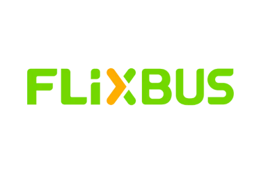 Green and orange FlixBus company logo featuring a stylized arrow on a black background.