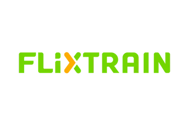 Green and orange FlixTrain logo on a black background for affordable rail travel services.
