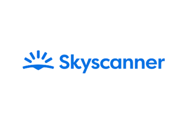 Skyscanner logo featuring blue text and a stylized sun icon on a black background.