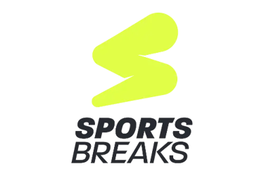 Sports Breaks logo featuring a neon yellow stylized S symbol above gray text on a black background.