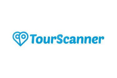 TourScanner logo featuring a blue heart-shaped icon with binoculars and text on a black background.