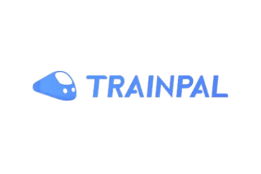 TrainPal logo featuring a blue high-speed train icon and sans-serif typography on a black background.