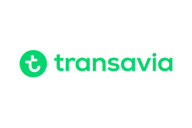 Official green Transavia airlines logo with lowercase text and a letter T icon on a black background.