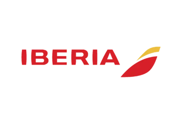 Iberia Airlines logo featuring red text and a yellow and red wing symbol on a black background.