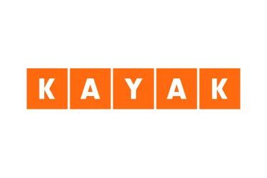 KAYAK travel search engine logo with white text inside five orange squares on a black background.