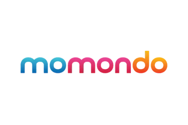 Colorful momondo logo with a blue-to-orange gradient font on a solid black background.