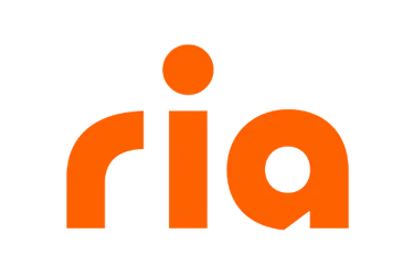 Official orange Ria Money Transfer logo isolated on a solid black background.